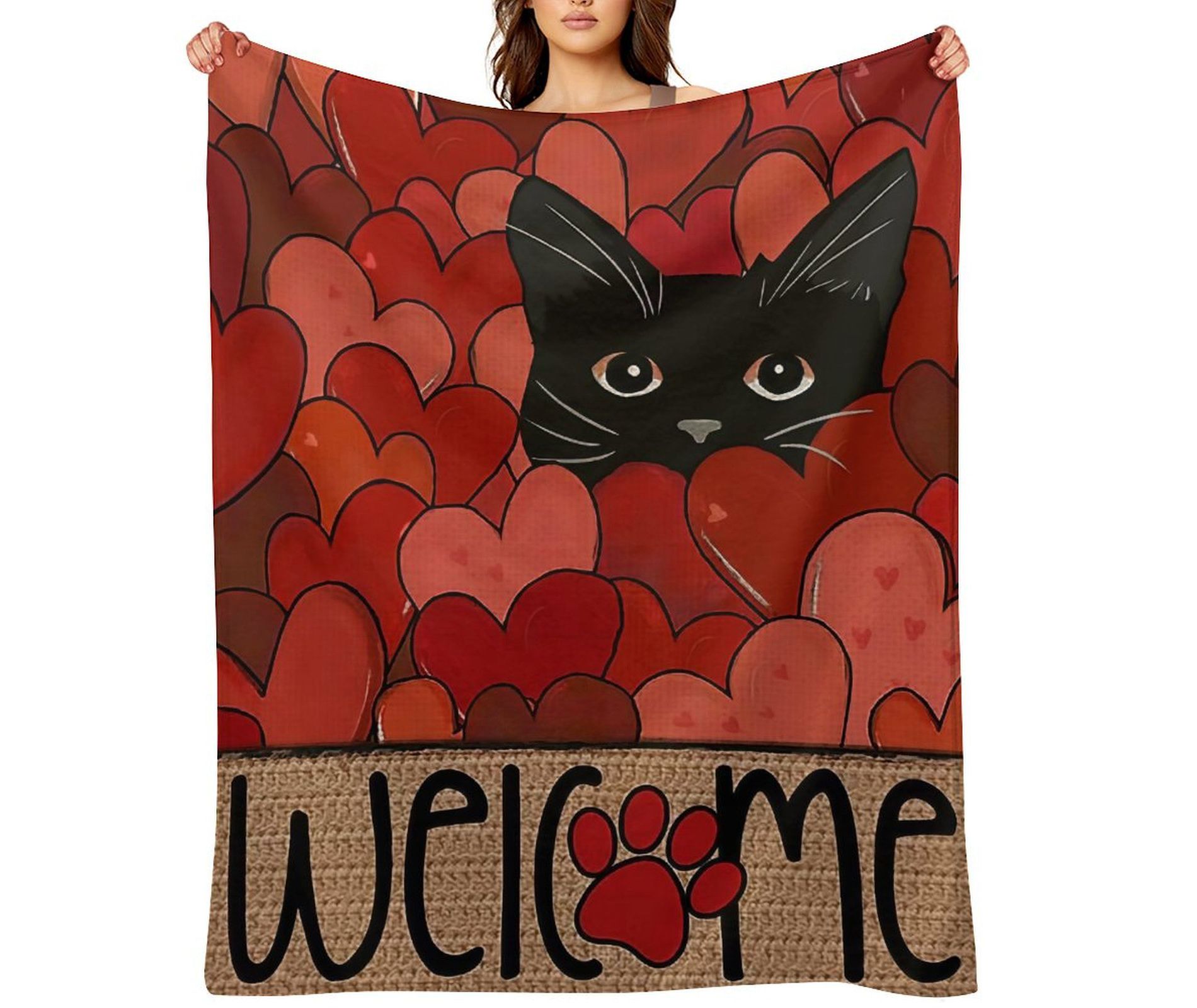 Valentine's Day Black Cat Hearts Welcome Throw Blanket - Ultra Soft, Anti-Pilling for Couch & Gifting 40x50 inches