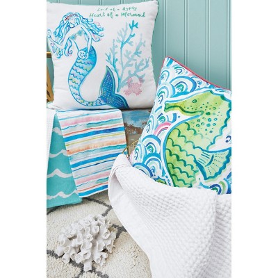 18" Blue and Green Polyester Coastal Seahorse Throw Pillow