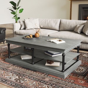 CAVINAS 55.1" Wood Coffee Table,Tea Table with 2 Open Storage Shelves,Black Wood Legs,Modern Center Table for Living Room,Office,Reception Areas - 1 of 4