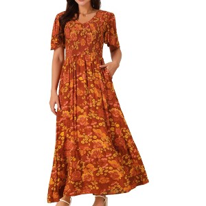 Seta T Women's Floral Short Flutter Sleeve V Neck Smocked High Waist Flowy Maxi Dress - 1 of 4