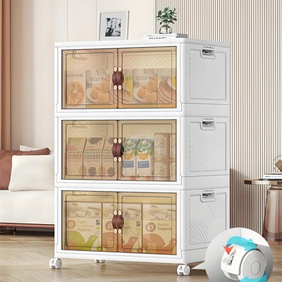 Musment Storage Bins with Lids- 3 Tier Folding Storage box with Doors and Wheels, Collapsible Plastic Storage Bins