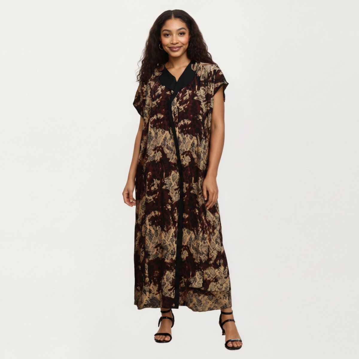 Anna-Kaci Women's Abstract Print Maxi Kaftan Dress with Contrast Trim and Relaxed Flowy Silhouette