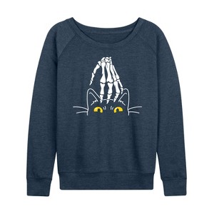 Women's - Instant Message - Skeleton Hand Petting Black Cat Lightweight French Terry Wide Neck Long Sleeve Shirt - 1 of 4