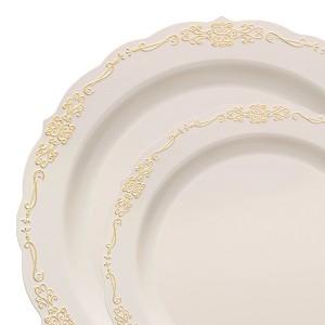 Smarty Had A Party Ivory w/ Gold Vintage Rim Plastic Dinnerware Set - 120 Sets - 1 of 4