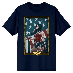 Wonder Woman with Shield, Sword, and American Flag Background Men's Navy Blue Graphic Tee - 1 of 3