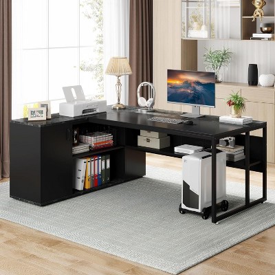 Black L-Shaped Executive Desk with Storage Cabinet and Shelves