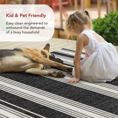 Black and White Striped Synthetic 5' x 8' Indoor/Outdoor Rug