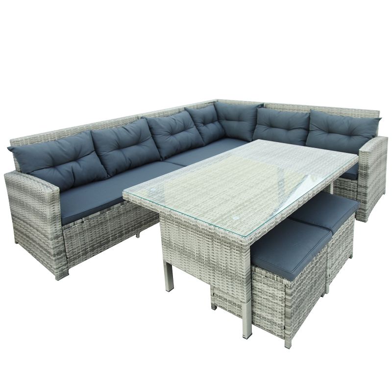 6-Piece Outdoor Patio Sectional Sofa with Glass Table and Ottoman for Pool, Backyard, Lawn - ModernLuxe, 5 of 13