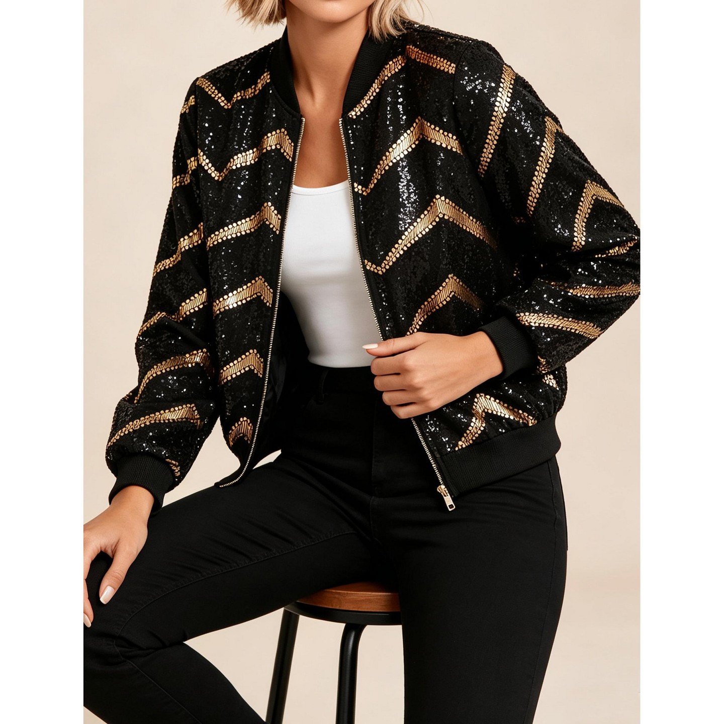 Женская куртка YesFashion Women Gold Print Zip Up Jacket Classic Stand Collar Long Sleeve Casual Cropped Outerwear, Black, цвет: Золотой — фото 3