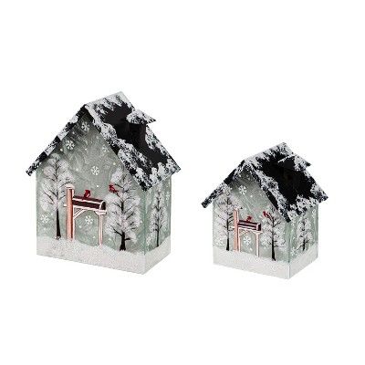 Evergreen LED Glass House with Winter Scene Table Decor, Set of 2