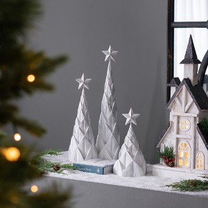 YOOCOZZ Unique Christmas Ornaments Decor- 3 Set of Resin White/Silver Foil Xmas Tree With Star Top, 3 Sizes:  L:4x4x16" M:4x4x12" S:4.5x4.5x8.8" - 1 of 4