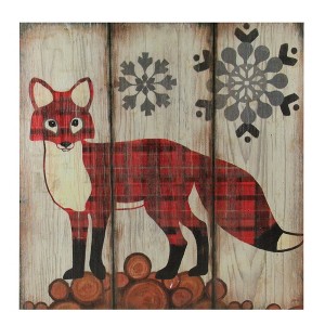 Raz Imports 13.75" Alpine Chic Plaid Red Fox on Lumber with Snowflakes Wall Art Plaque - 1 of 2