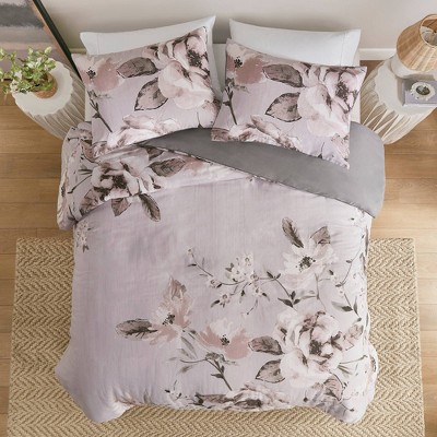 Lilac Floral Cotton King/Cal King Duvet Cover Set