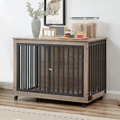 Dog Crate Furniture Decorative Kennel Wooden Dog Crate Chew-Proof Metal Barrier with Dog Bowls Flip-Top 3 Doors Wheel for Small Medium Large Dogs