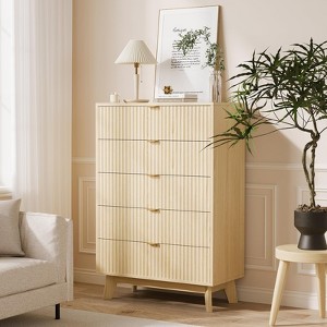 Fluted Dresser for Bedroom Wood Tall Dresser Storage Organizer, Modern Bedroom Chest with Deep Storage 5 Drawers Wood - 1 of 4