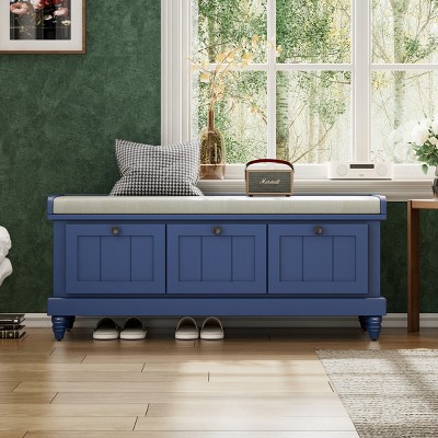 Classic Shoe Bench With Cushion And 3 Drawers, Fluted Entryway Bench With Storage For Living Room, Entryway Bench With Storage-Cuddlewood