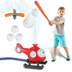 iMountek"2-in-1 Water Sprinkler Baseball Helicopter Toy for Kids - 360° Rotating Tee Ball Set for Summer Fun"Red - 1 of 4