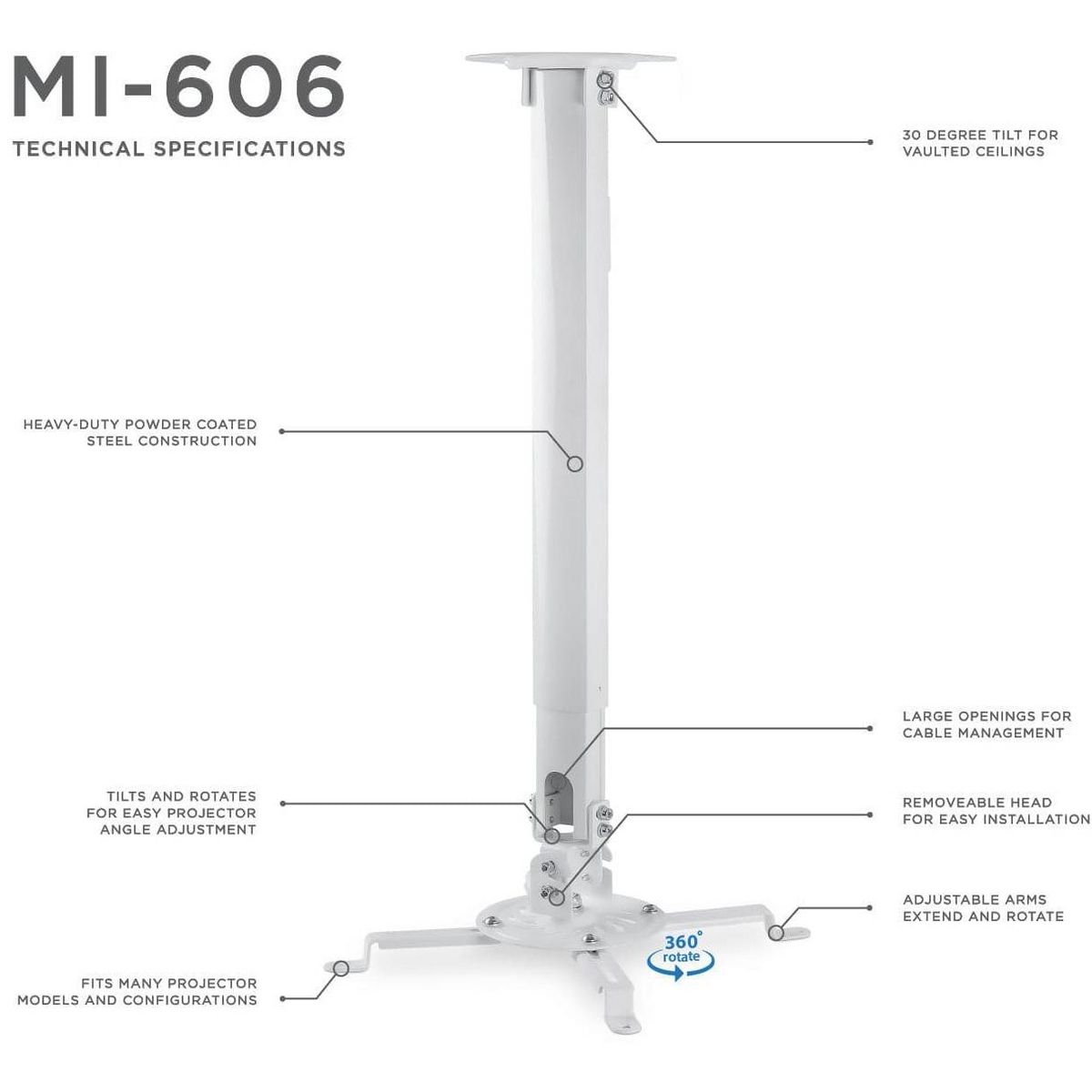 Mount-It! Universal Ceiling Projector Mount Bracket | Full Motion and Height Adjustable from 21 - 34.5 in. | 30 Lbs. Weight Capacity | Long Size - thumbnail 8