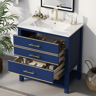 LOVMOR Modern 30inch Navy Blue/White Bathroom Vanity Cabinet Combo with Open Storge, Two Drawers