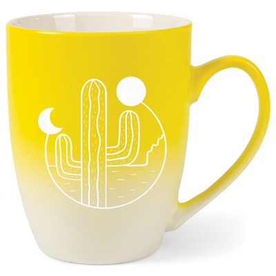 Elanze Designs 12 Ounce Ceramic Decorative Laser Engraved Giftable Novelty Tea Coffee Cup Mug Yellow and White Cactus Moon and Sun
