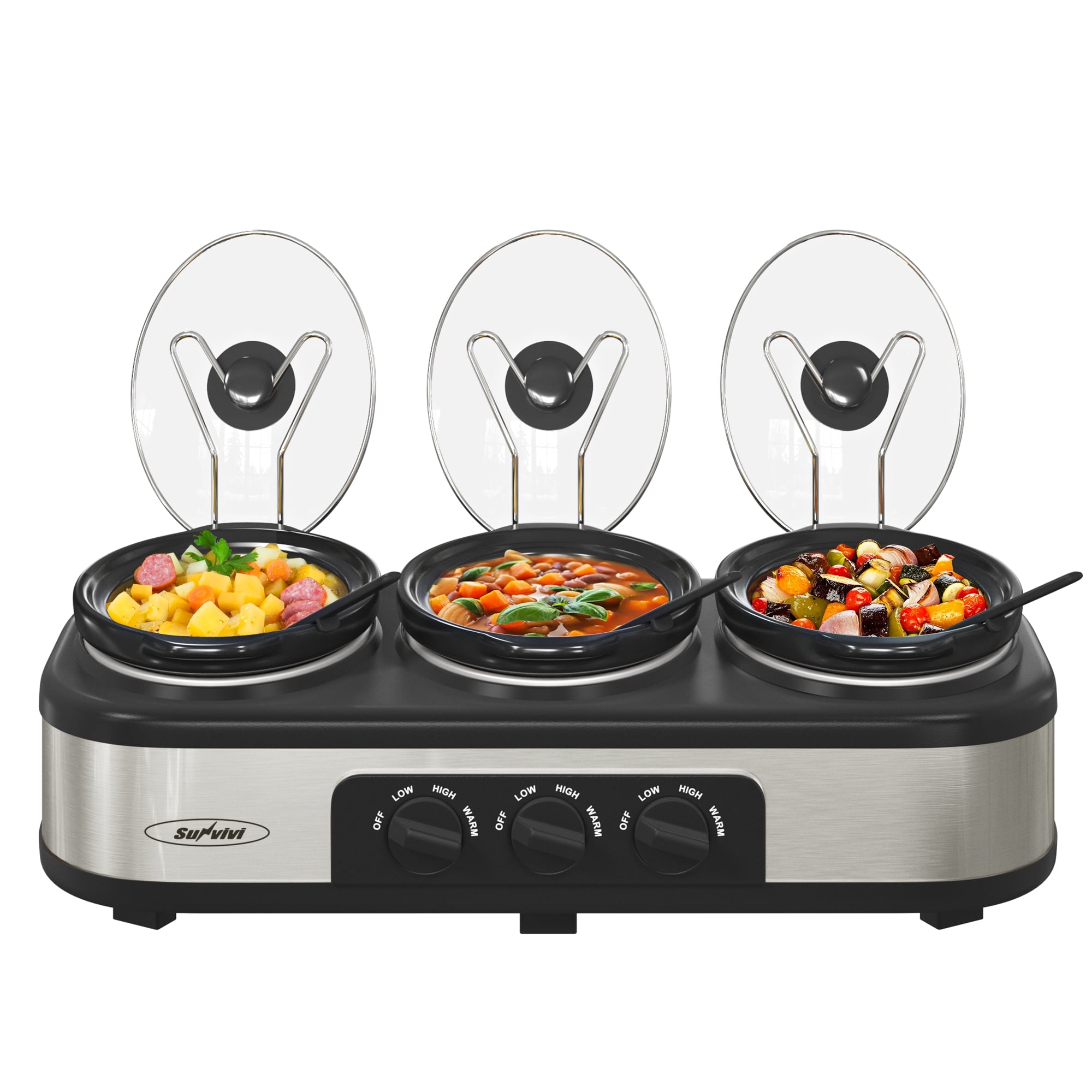 Heynemo Triple Slow Cooker with 3 Spoons, 3 Pot 1.5 Quart Oval Crock Food Warmer Buffet Server, Stainless Steel, Silver