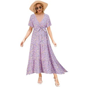 Whizmax Maternity Dress Women's V-Neck Puff Sleeve Pleated Maxi Dress for Baby Shower - 1 of 4