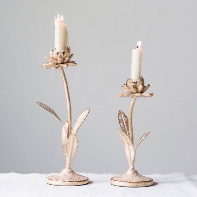 Distressed Gold Metal Flower Taper Candle Holders, Set of 2