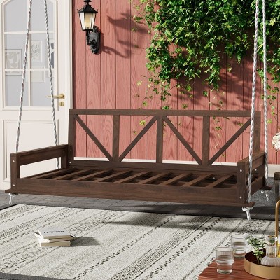 Modern Twin Size Porch Swing Bed with Frame and 16.4ft Ropes, Acacia Wood Hanging Daybed for Patio, Garden or Backyard-Maison Boucle