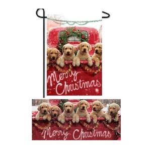 Evergreen Red Truck with Puppies Set of 2 Garden Flag and Sassafras Doormat Bundle Set - 1 of 3