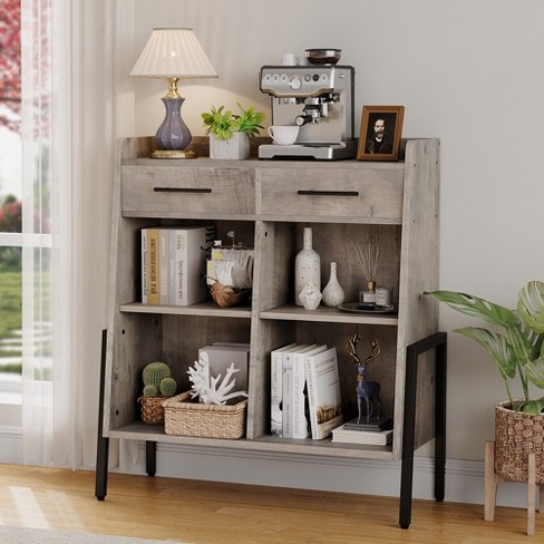 Bookcase with 2 Drawers, 4 Tiers Storage Oraganizer Bookshelf and