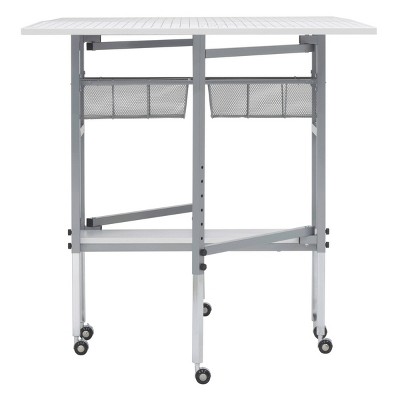 Adjustable Silver and White Folding Cutting Table with Grid Top