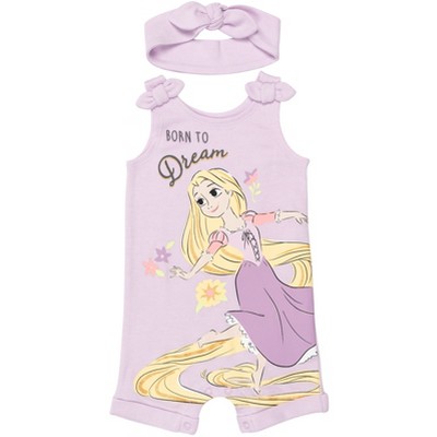 Disney Princess Rapunzel Ariel Belle Jasmine Aurora Baby Girls Snap Romper and Headband Newborn to Toddler