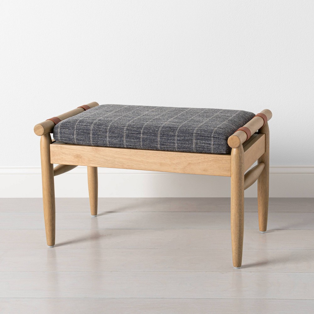 Photos - Pouffe / Bench Upholstered Natural Wood Ottoman Wide Stripe Indigo - Hearth & Hand™ with