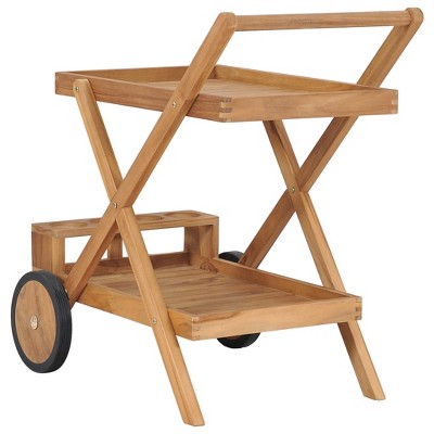 Medium Teak Wood Rectangular Bar Cart with Wine Rack