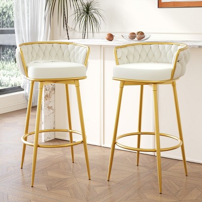 180° Swivel Barstools Set Of 2,31" Upholstered Barstools With Hand-Woven Backrest And Gold Metal Legs,Low Back Barstools -Maison Boucle