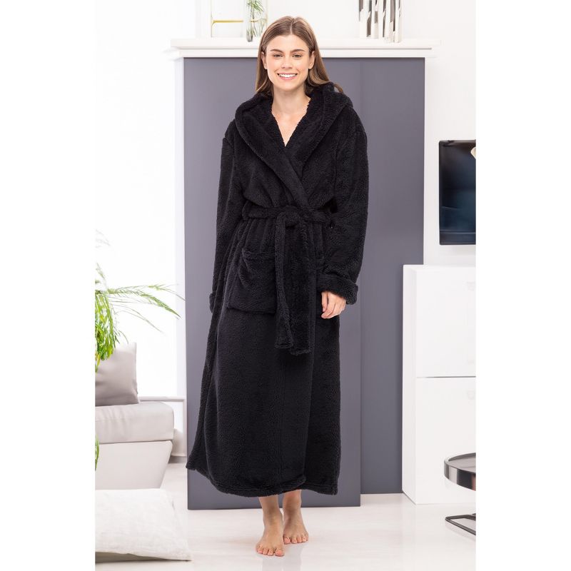 Women's Fuzzy Plush Fleece Bathrobe with Hood, Soft Warm Hooded Lounge Robe, 4 of 9