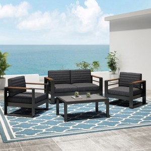 Christopher Knight Home Martin 4 Piece Outdoor Chat Set with Tempered Glass Table and Water-resistant Cushions - 1 of 4