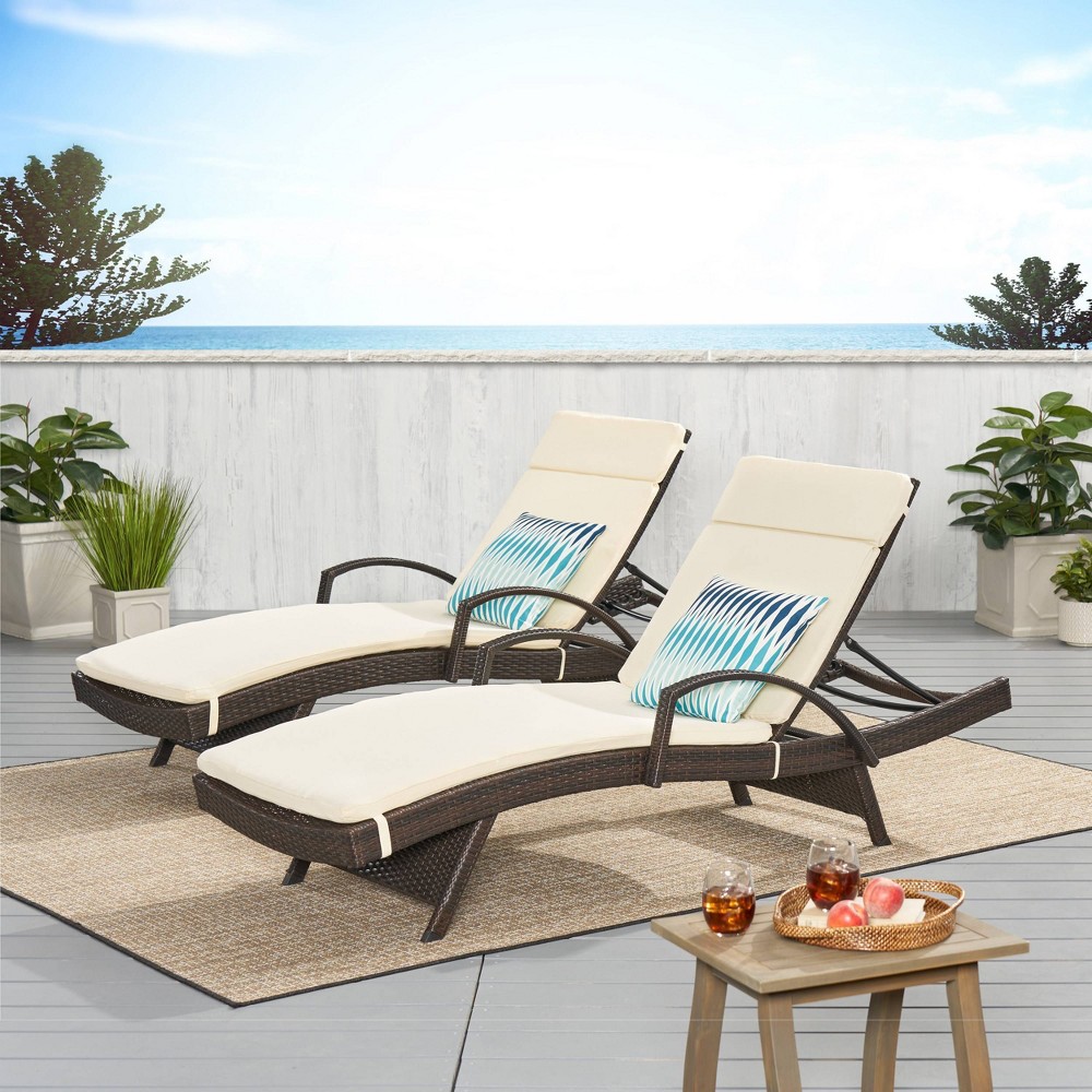 Salem Set of 2 Brown Wicker Adjustable Chaise Lounge with Arms - Ivory - Christopher Knight Home