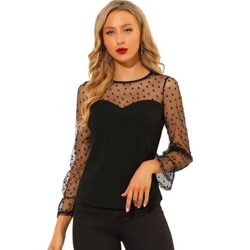 Allegra K Women's Lace Round Neck Heart Dots Sheer Long Mesh Sleeve Top  Black Small