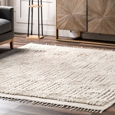 Crissy Crosshatch Shag Wool and Cotton Beige Area Rug