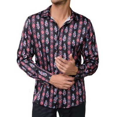Mens Floral Dress Shirts Long Sleeve Casual Flower Printed Button Down Shirt