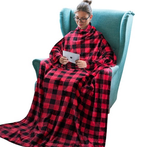 Tirrinia Plaid Red Wearable Fleece Blanket With Sleeves For Adult