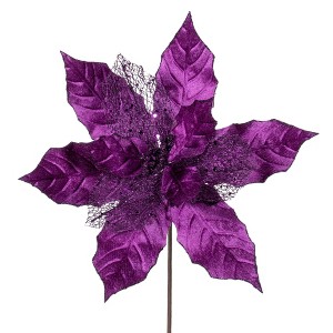 Vickerman 11" Plum Velvet and Glitter Mesh Poinsettia Flower on Stem, 6 per bag. - 1 of 1