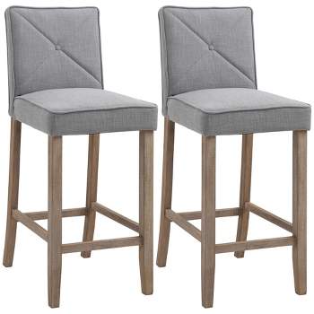 HOMCOM Modern Bar Stools Set of 2, Upholstered Barstools Kitchen Island Chair with Build-In Footrest, Solid Wood Legs