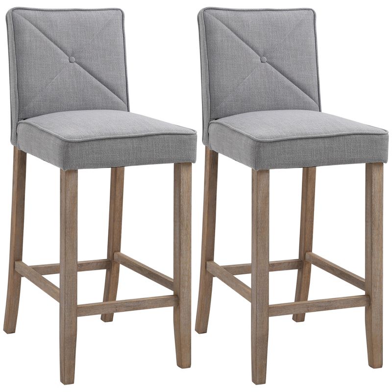 HOMCOM Modern Bar Stools Set of 2, Upholstered Barstools Kitchen Island Chair with Build-In Footrest, Solid Wood Legs, 1 of 9