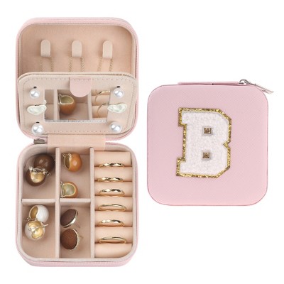 Unique Bargains Mini Portable PU Leather Pink Travel Jewelry Box with Mirror