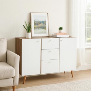 Homy Casa 3-Door 2-Drawer Storage Cabinet with Wood Legs and Modern Scandinavian Style for Living Room or Dining Area, White Oak - 1 of 4