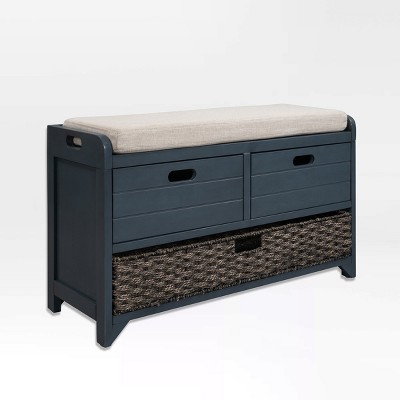 Fortune Candy 32'' Solid Wood Entryway Bench with Storage Cabinet, Removable Basket and Linen Cushion, Indoor Shoe Organizer, Navy Blue