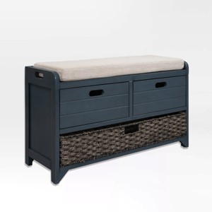 Fortune Candy 32'' Solid Wood Entryway Bench with Storage Cabinet, Removable Basket and Linen Cushion, Indoor Shoe Organizer, Navy Blue - 1 of 4