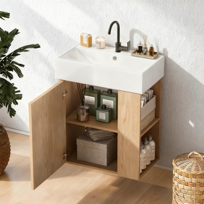 21.6" Modern Floating Bathroom Vanity with Ceramic Basin - Perfect for Small Bathrooms, Right side storage